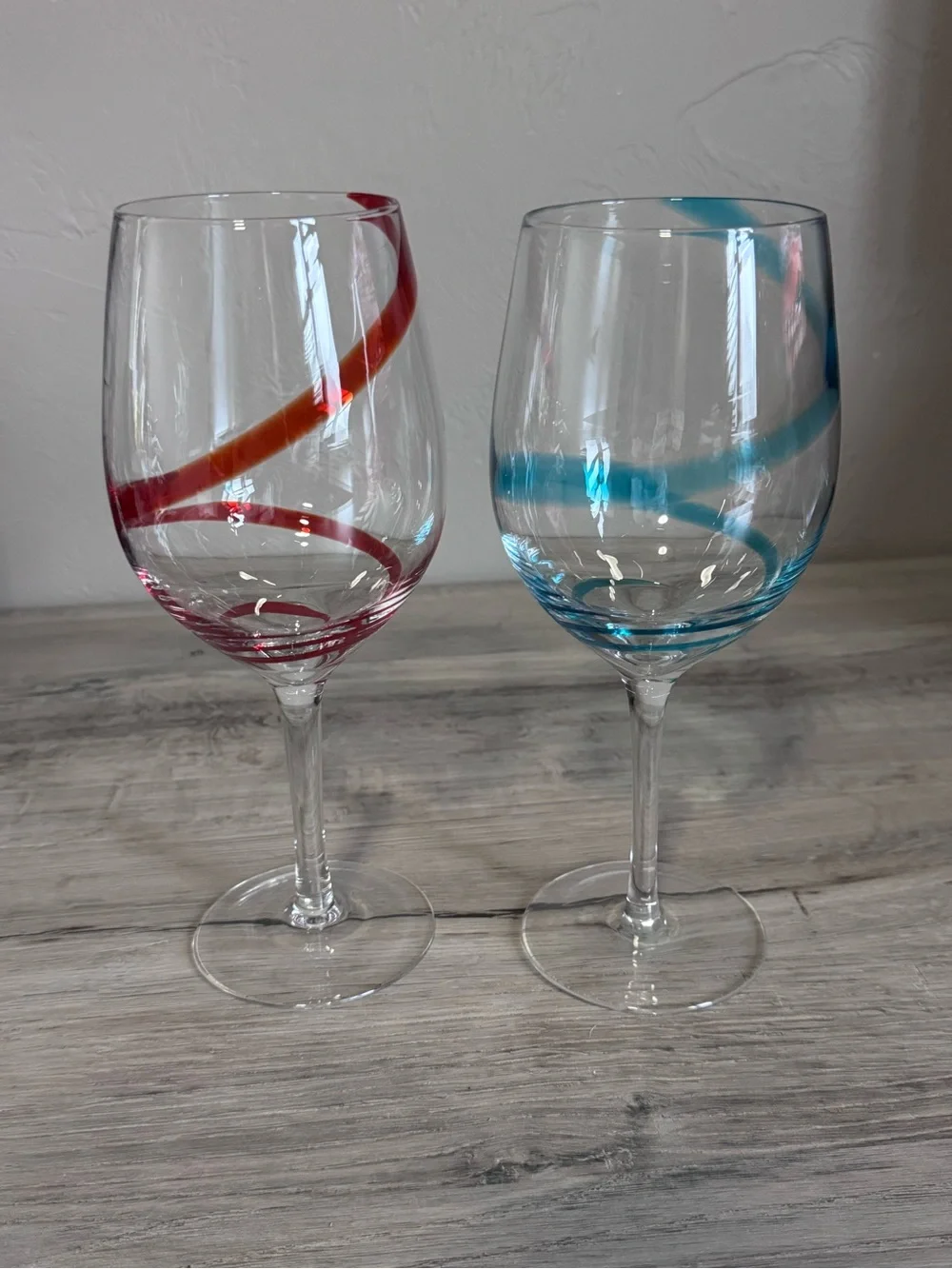 Pier 1 Hand-Blown Swirline Wine Glasses - Blue & Red Set
